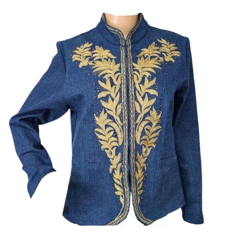 NEW Blutique Womens Denim Zip Jacket with Gold Embroidery Size M